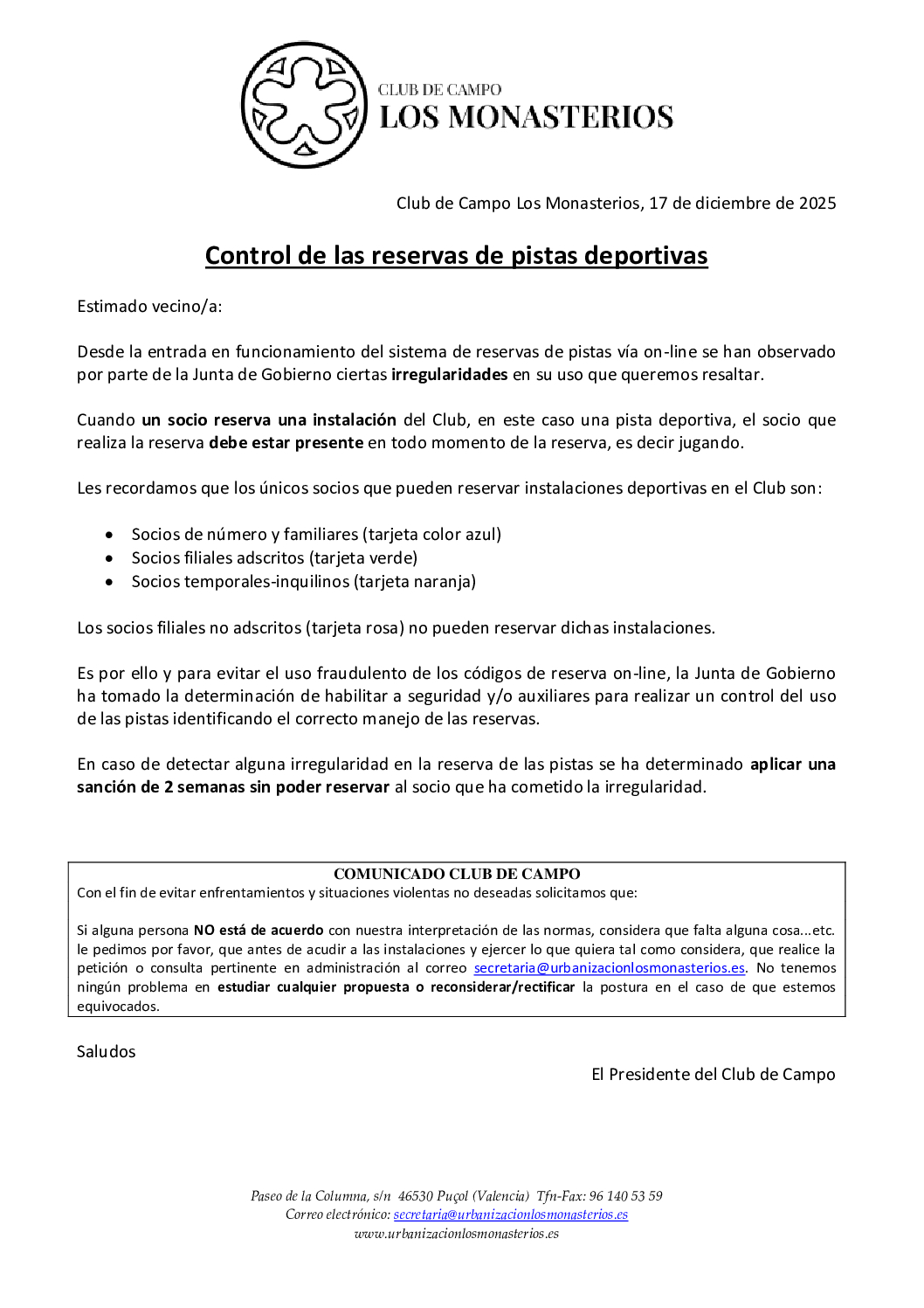COMUNICADO RESERVAS PISTAS DEPORTIVAS