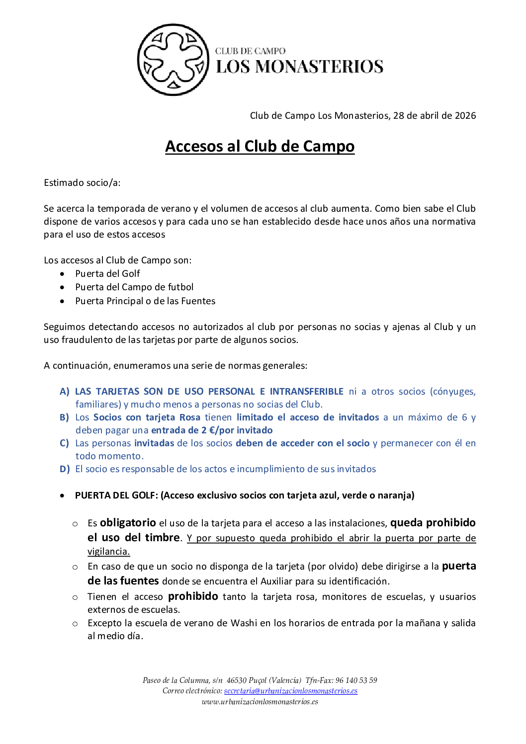 COMUNICADO PUERTAS ACCESO CLUB