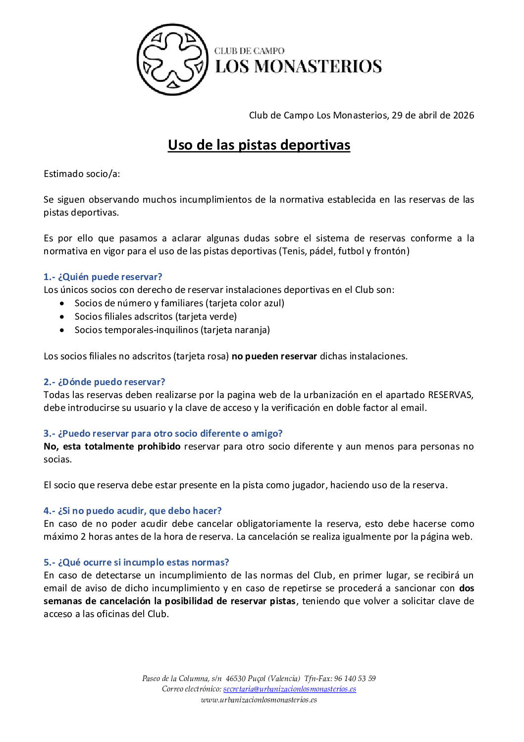 COMUNICADO USO PISTAS DEPORTIVAS