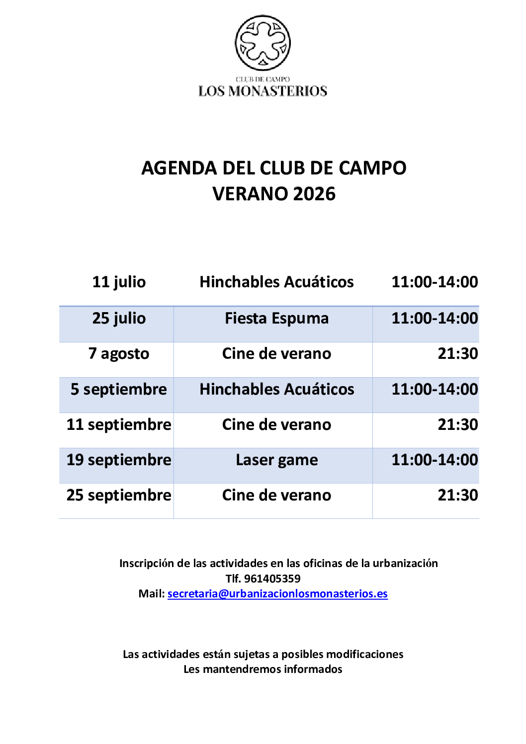 AGENDA VERANO 2026